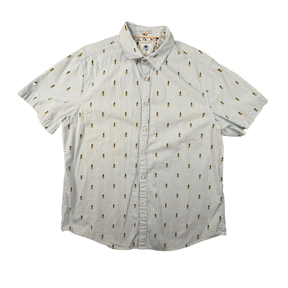 Denim & Flower Ricky Singh‎ Men's XL Blue White Striped Pineapple AOP SS Shirt